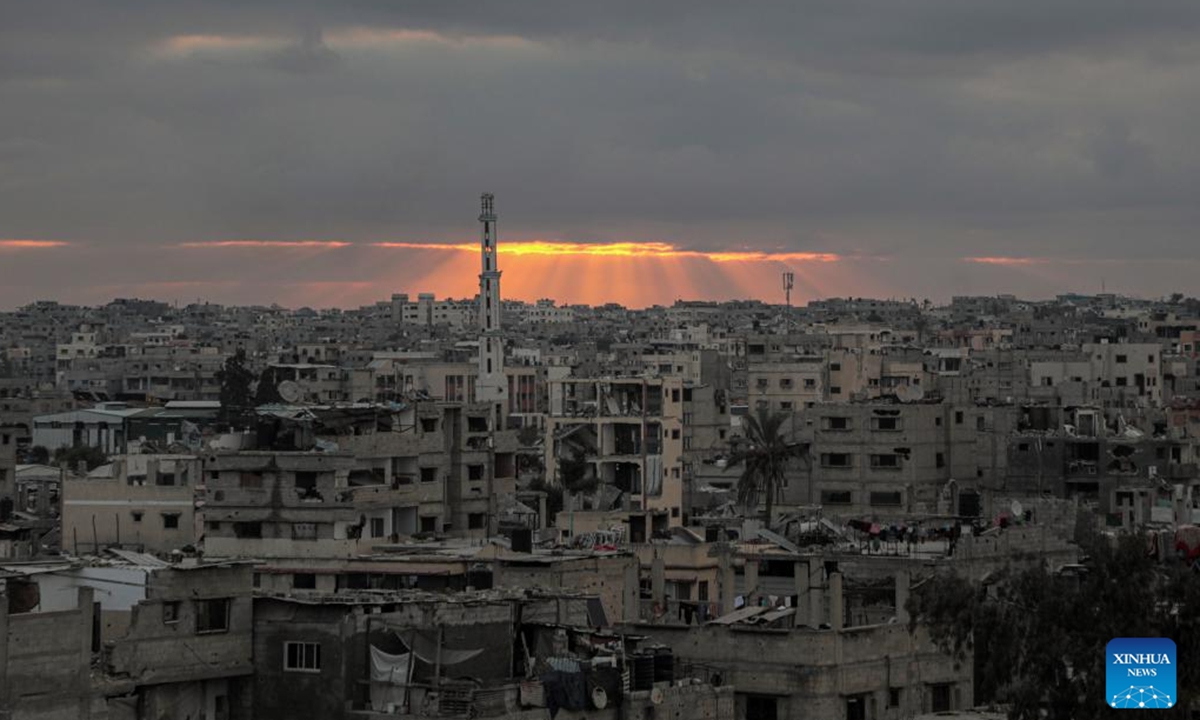 The sun rises and shines on the southern Gaza Strip city of Khan Younis on Oct. 7, 2024. (Photo: Xinhua)