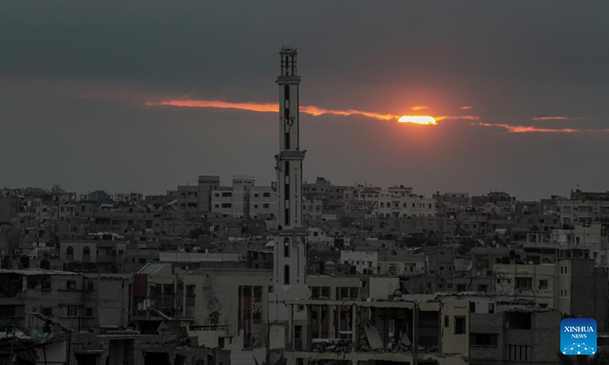 The sun rises and shines on the southern Gaza Strip city of Khan Younis on Oct. 7, 2024. (Photo: Xinhua)