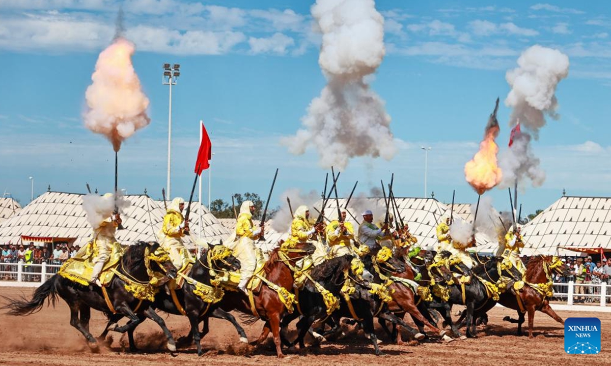 This photo taken on Oct. 5, 2024 shows Tbourida, a Moroccan equestrian performance, at the 15th Horse Show of El Jadida, in El Jadida, Morocco.  (Photo: Xinhua)