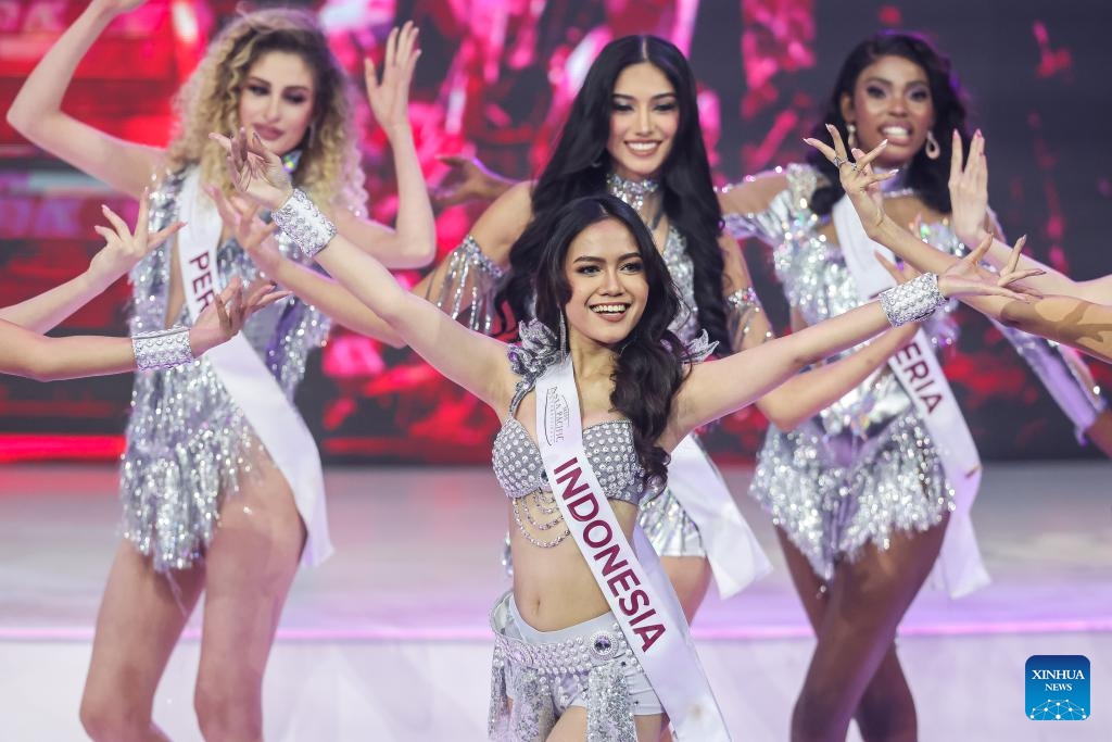 Contestants dance onstage during the coronation night of the Miss Asia Pacific International 2024 beauty pageant in Pasay City, the Philippines, Oct. 7, 2024. Thirty-five contestants from various economies vied here for the title of the Miss Asia Pacific International 2024. (Photo: Xinhua)