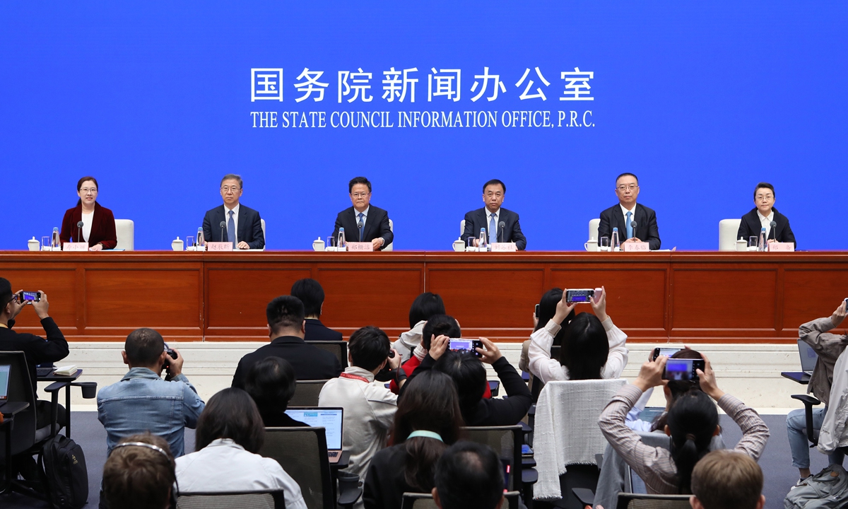 Zheng Shanjie (third from left), head of the National Development and Reform Commission, together with other officials hold a press conference on China's economy on October 8, 2024 in Beijing. Photo: VCG