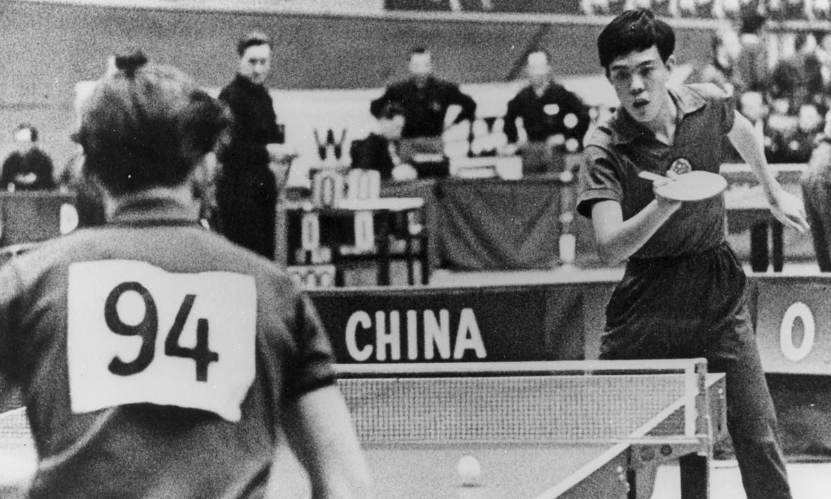 Rong Guotuan competes in the men's singles at the 25th World Table Tennis Championships in Dortmund, Germany, in April 1959.