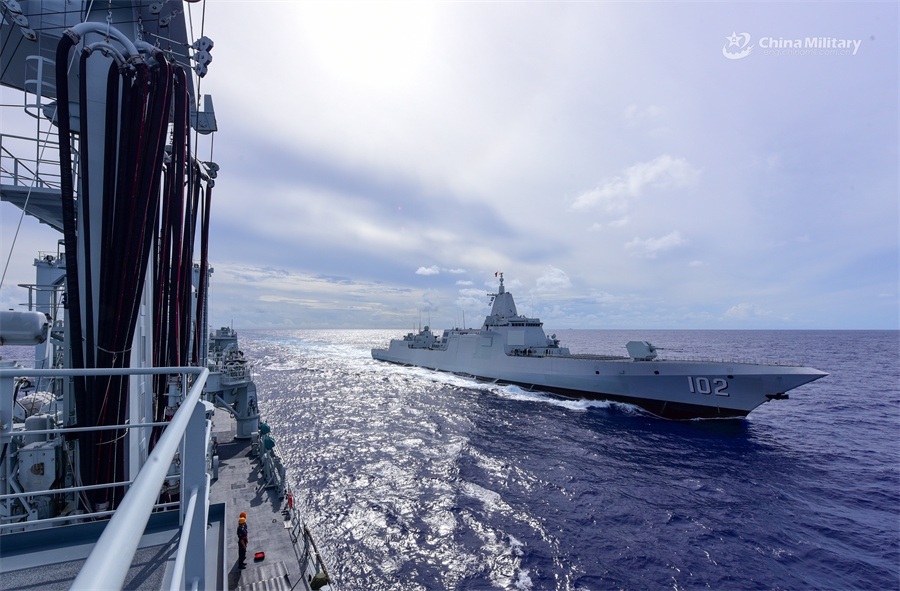 Type 903A Comprehensive supply ship Kekexilihu (Hull 903) attached to a combat support ship flotilla under the Chinese PLA Navy provides liquid supply to Type 055 Destroyer Lhasa (Hull 102) via alongside replenishment-at-sea during a recent multi-subject maritime training exercise aiming to enhance the troops' capabilities of replenishment, emergency response, and comprehensive offensive and defensive operations.  (Photo: eng.chinamil.com.cn)