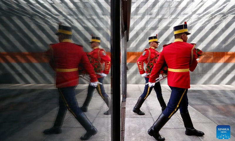 Guards of honour attend a ceremony to mark the Romanian national Holocaust remembrance day in Bucharest, Romania, Oct. 9, 2024. (Photo: Xinhua)