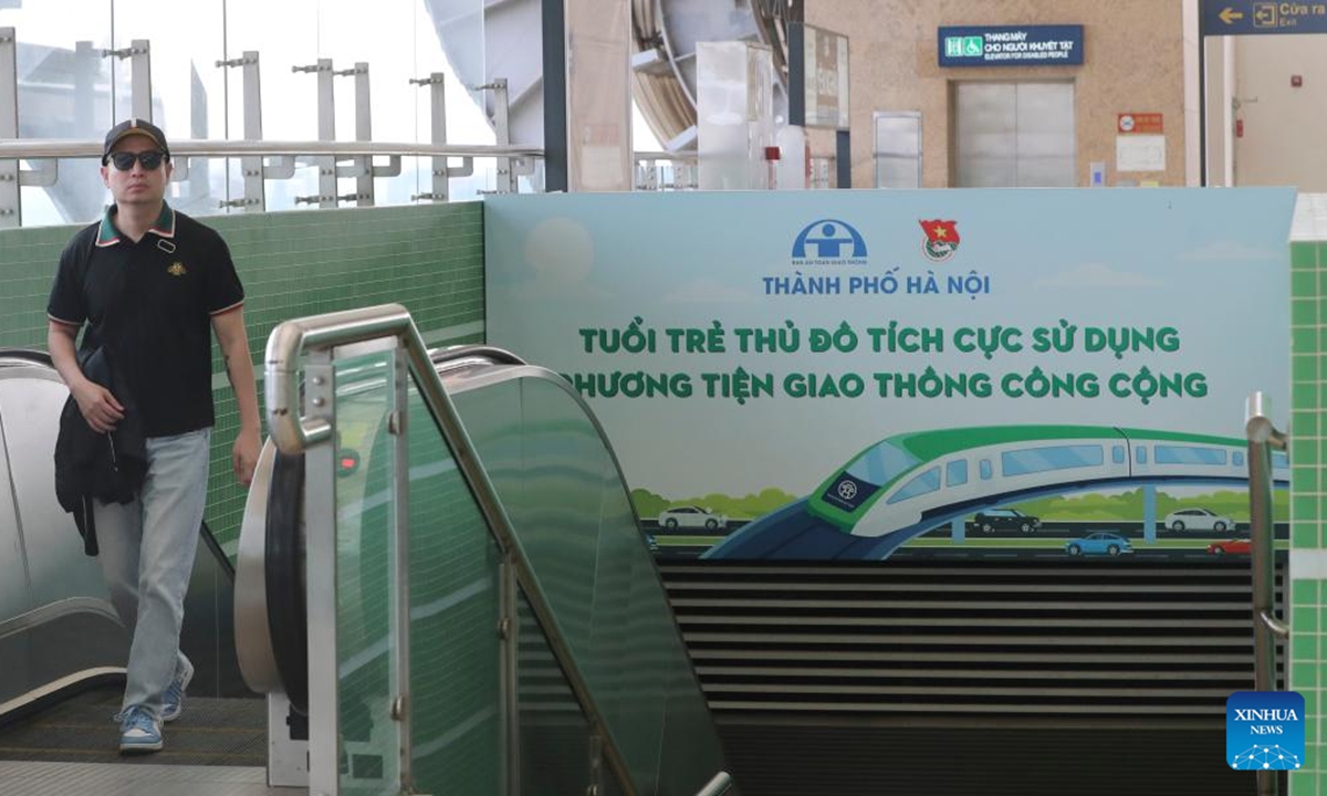 A citizen walks at a station of the Cat Linh-Ha Dong urban elevated railway in Hanoi, Vietnam, Oct. 9, 2024. The Cat Linh-Ha Dong urban elevated railway was built by the China Railway Sixth Group as an important project of the synergy of China's Belt and Road Initiative with Vietnam's Two Corridors and One Economic Circle plan. (Photo: Xinhua)