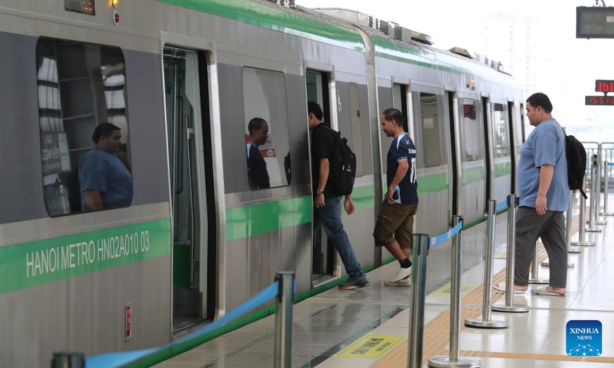 Citizens prepare to take a train of the Cat Linh-Ha Dong urban elevated railway in Hanoi, Vietnam, Oct. 9, 2024. The Cat Linh-Ha Dong urban elevated railway was built by the China Railway Sixth Group as an important project of the synergy of China's Belt and Road Initiative with Vietnam's Two Corridors and One Economic Circle plan. (Photo: Xinhua)