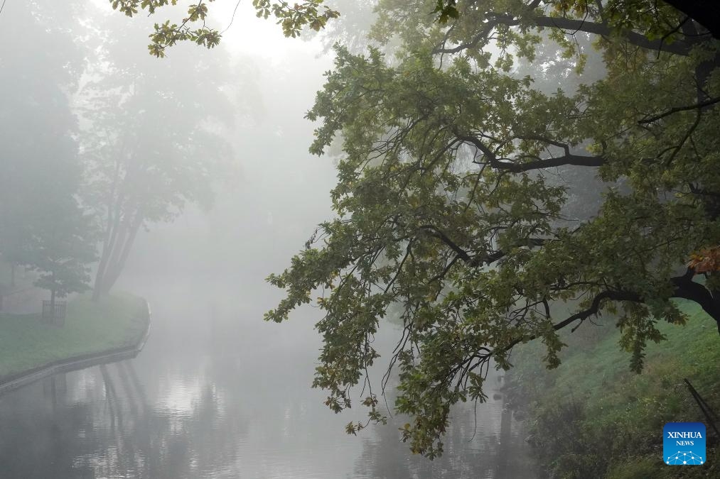 This photo shows a city channel amid fog in Riga, Latvia, Oct. 8, 2024. (Photo: Xinhua)