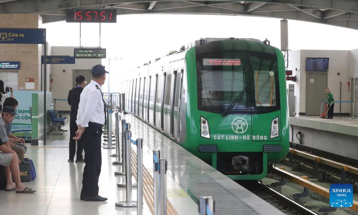 Citizens prepare to take a train of the Cat Linh-Ha Dong urban elevated railway in Hanoi, Vietnam, Oct. 9, 2024. The Cat Linh-Ha Dong urban elevated railway was built by the China Railway Sixth Group as an important project of the synergy of China's Belt and Road Initiative with Vietnam's Two Corridors and One Economic Circle plan. (Photo: Xinhua)