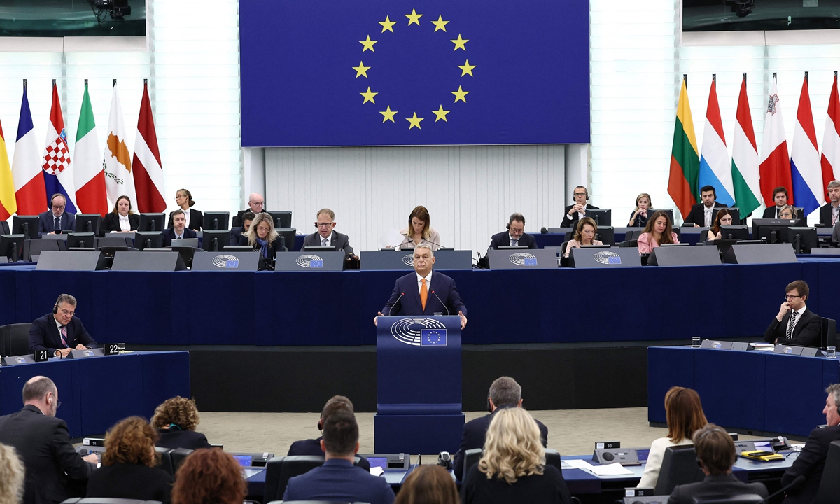 Hungarian Prime Minister Viktor Orban presents the program for Hungary's six-month presidency of the Council of the EU as part of a plenary session at the European Parliament in Strasbourg on October 9, 2024. 