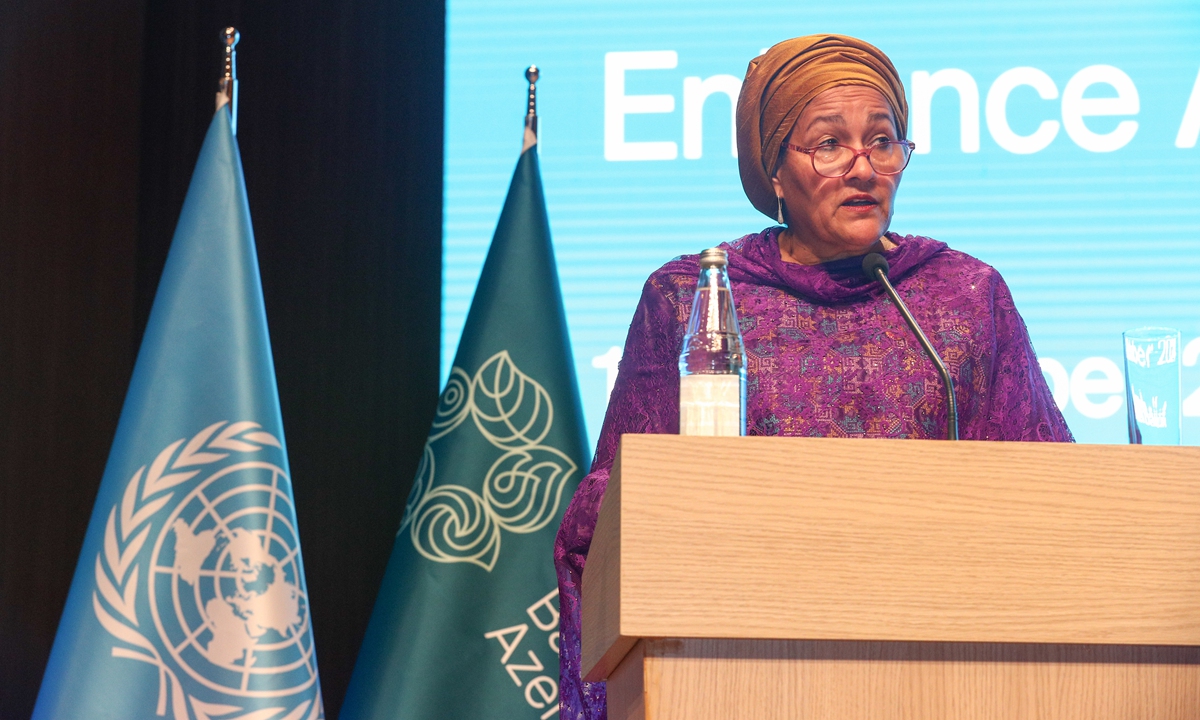 

Amina Mohammed, deputy secretary-general of the United Nations, attends Pre-COP29: Enhance Ambition and Enable Action in Heydar Aliyev Center in Baku, Azerbaijan, on October 10, 2024. Mohammed warned that the world is nearing a critical point, with global temperatures potentially exceeding a rise of 1.5 C, leading to severe consequences such as Hurricane Milton. Despite these challenges, she emphasized that hope remains as the global community takes action to combat climate change. Photo: VCG