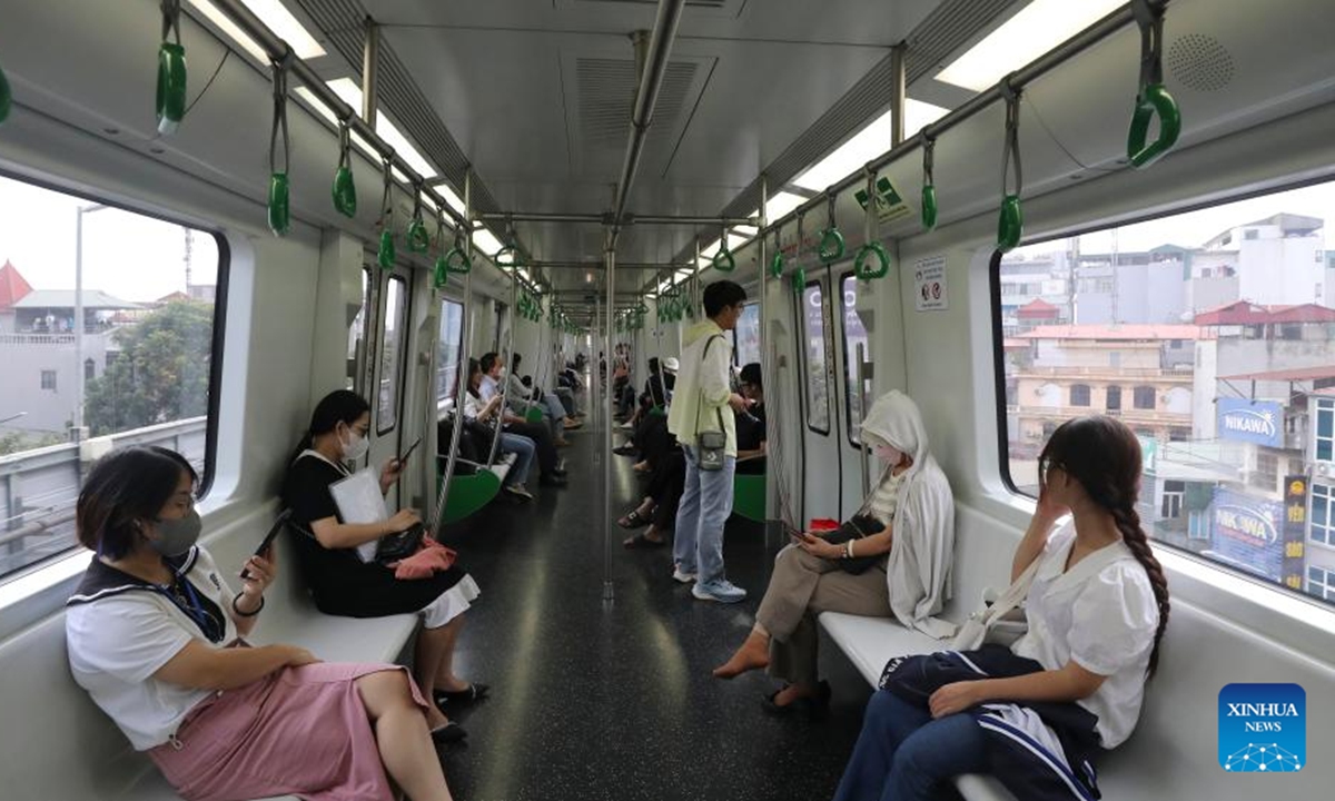 Citizens take a train of the Cat Linh-Ha Dong urban elevated railway in Hanoi, Vietnam, Oct. 9, 2024. The Cat Linh-Ha Dong urban elevated railway was built by the China Railway Sixth Group as an important project of the synergy of China's Belt and Road Initiative with Vietnam's Two Corridors and One Economic Circle plan. (Photo: Xinhua)