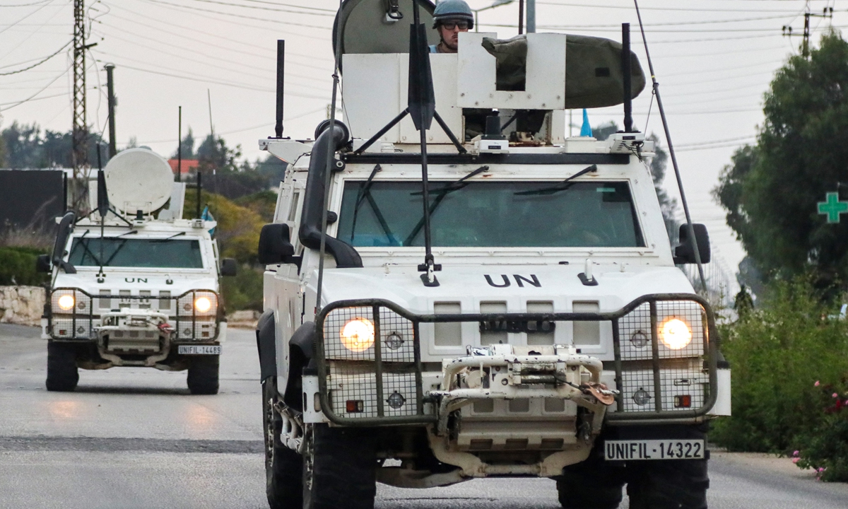 Vehicles of the United Nations Interim Force in Lebanon (UNIFIL) patrol in Marjeyoun in southern Lebanon on October 11, 2024, amid the ongoing conflict between Hezbollah and Israel. Photo: AFP