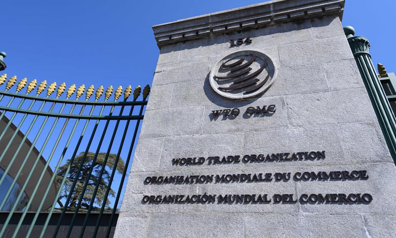 A logo of the World Trade Organization (WTO) is seen in Geneva, Switzerland, on April 5, 2023. (Photo: Xinhua)