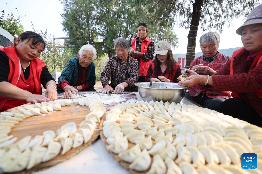 Volunteers make dumplings with local residents in Qingtuo Town of Linyi City, east China's Shandong Province, Oct. 10, 2024. A series of celebration activities were held across the country to mark the country's Seniors' Day, which falls on Oct. 11 this year. (Photo: Xinhua)