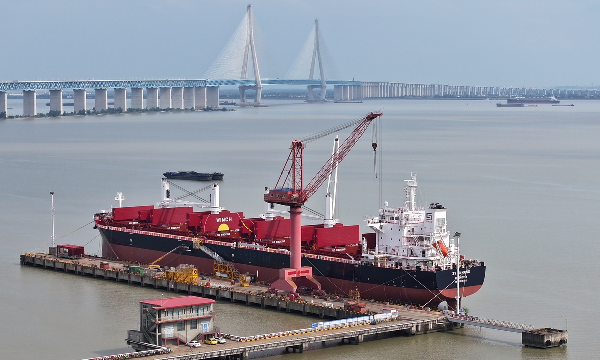 Picture shows a shipyard of a shipbuilding enterprise in Nantong, East China's Jiangsu province, in operation. Major indexes of China's shipbuilding industry have risen steadily in the first three quarters this year, data released by the Ministry of Industry and Information Technology showed on October 10, 2024. Photo: VCG