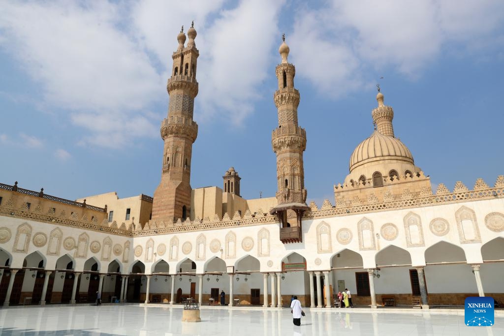 People visit the Al-Azhar Mosque in Historic Cairo, Egypt, Oct. 10, 2024. Founded in the 10th century, Historic Cairo is one of the world's oldest Islamic cities, boasting many renowned mosques, old markets and streets, and monuments. It was inscribed on UNESCO's World Heritage List in 1979, becoming a famous tourist attraction. (Photo: Xinhua)