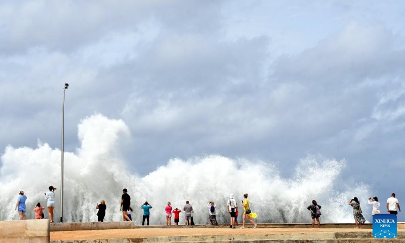 Huge waves are seen along a seaside road in Havana, Cuba, Oct. 9, 2024. Hurricane Milton brought intermittent rainfall to Cuba. (Photo: Xinhua)