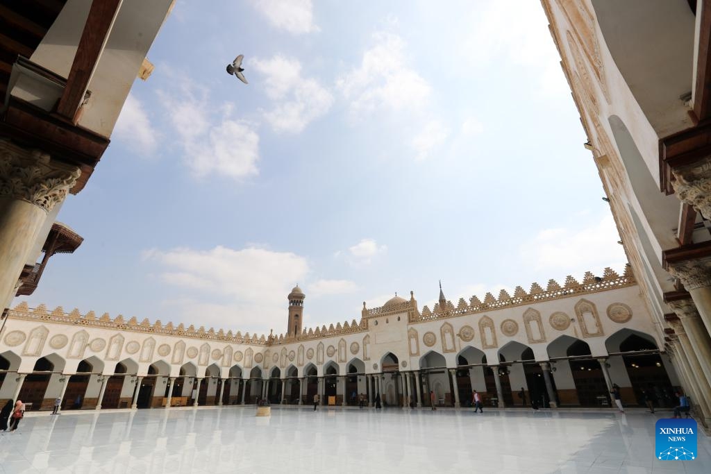 People visit the Al-Azhar Mosque in Historic Cairo, Egypt, Oct. 10, 2024. Founded in the 10th century, Historic Cairo is one of the world's oldest Islamic cities, boasting many renowned mosques, old markets and streets, and monuments. It was inscribed on UNESCO's World Heritage List in 1979, becoming a famous tourist attraction. (Photo: Xinhua)