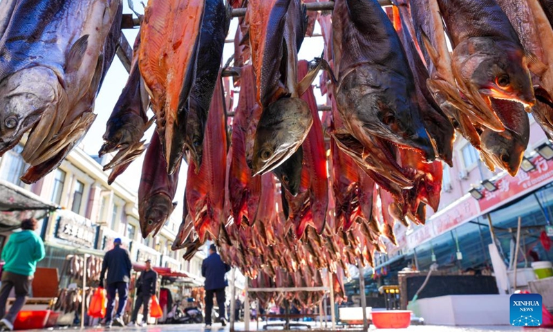 Fish products are pictured at Dongji fish market in Fuyuan City, northeast China's Heilongjiang Province, Oct. 11, 2024. (Photo: Xinhua)