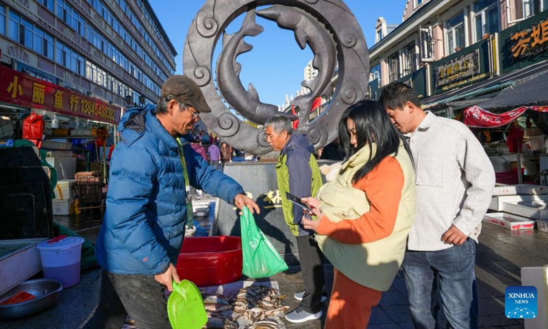 A citizen holding her pet dog buys fish products at Dongji fish market in Fuyuan City, northeast China's Heilongjiang Province, Oct. 11, 2024. (Photo: Xinhua)