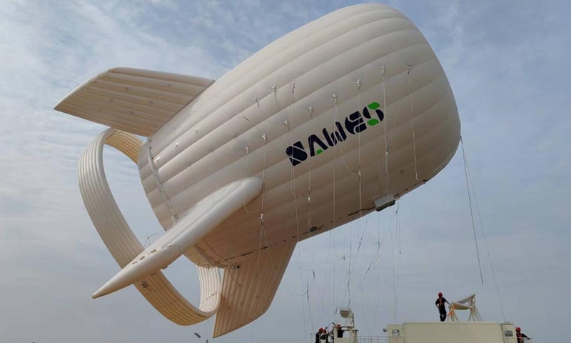 This photo taken on Oct. 10, 2024 shows the S500 buoyant airborne turbine (BAT) in Wuhan, central China's Hubei Province. China's domestically developed buoyant airborne turbine (BAT) reached a record height on Thursday in central China's Hubei Province, harnessing stronger, steadier winds from higher altitudes to generate power. (Photo: Xinhua)