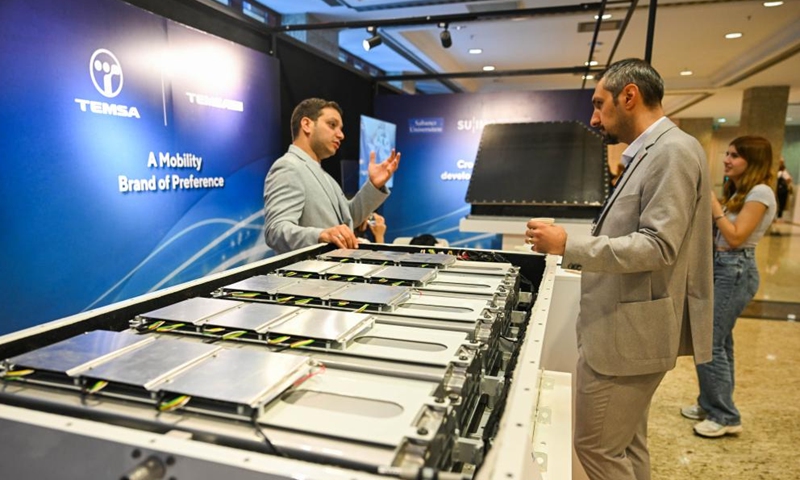 This photo taken on Oct. 11, 2024 shows a set of new energy battery pack displayed during Türkiye Innovation Week 2024 in Istanbul, Türkiye. The event was held at the Halic Congress Center in Istanbul from Oct. 10 to 12. (Photo: Xinhua)