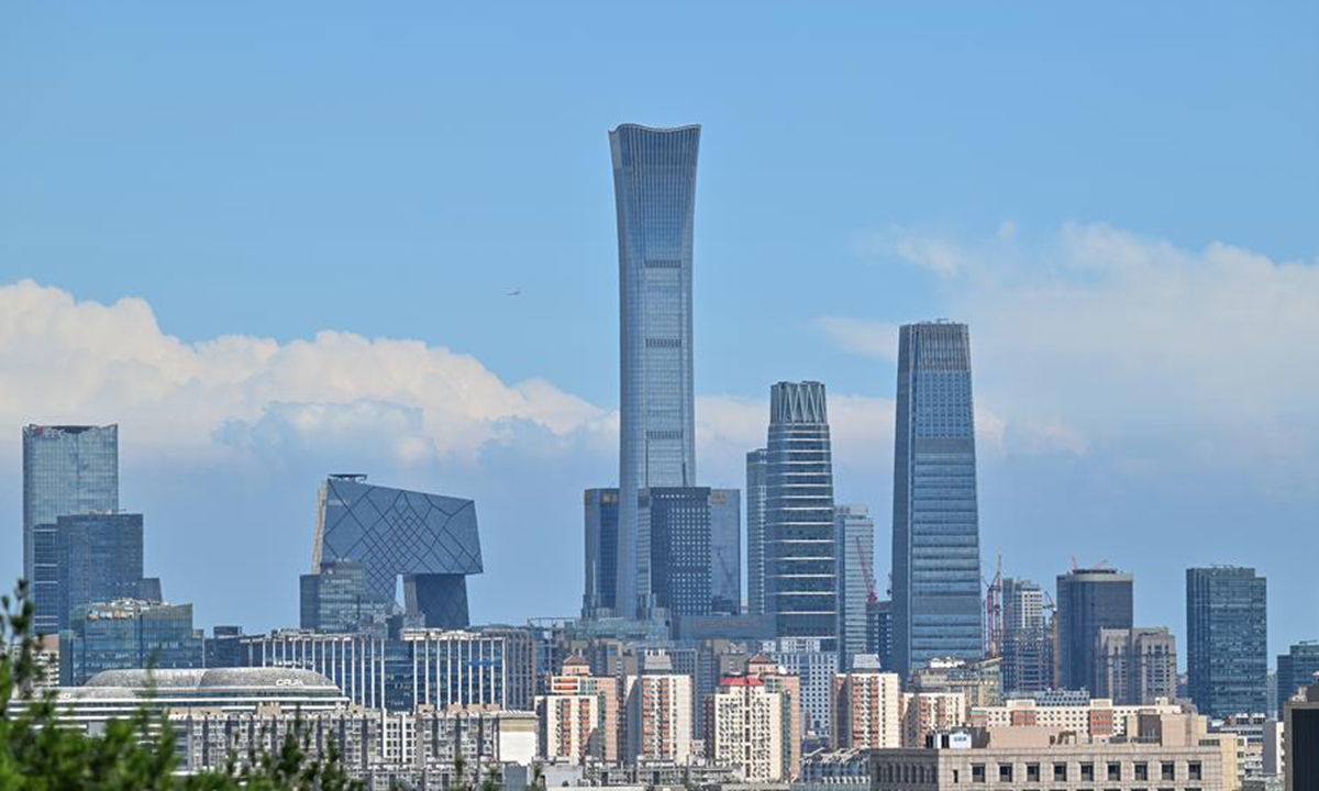 This photo taken from Jingshan Hill on Aug. 12, 2024 shows the skyscrapers of the central business district (CBD) on a sunny day in Beijing, capital of China. (Photo: Xinhua)