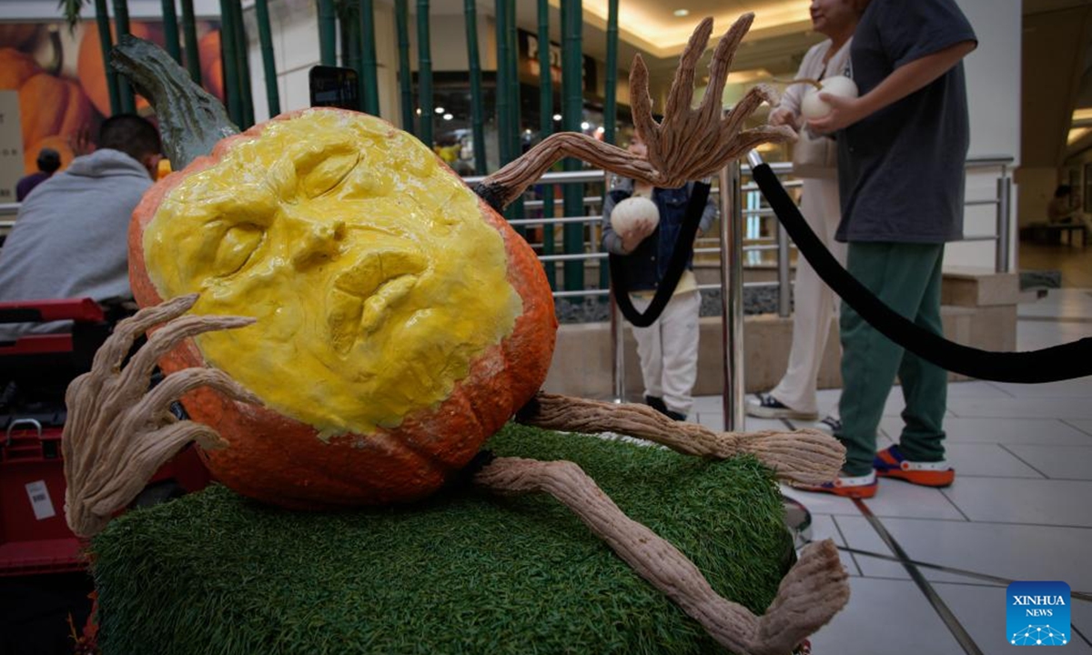 A carved pumpkin is displayed during the Pumpkin Carving Show at the Metrotown shopping centre in Burnaby, British Columbia, Canada, Oct. 12, 2024.  (Photo: Xinhua)