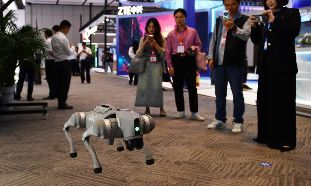 People watch a robot dog demonstration at an exhibition during the 2024 World Computing Conference in Changsha, central China's Hunan Province, Sept. 24, 2024. (Photo: Xinhua)