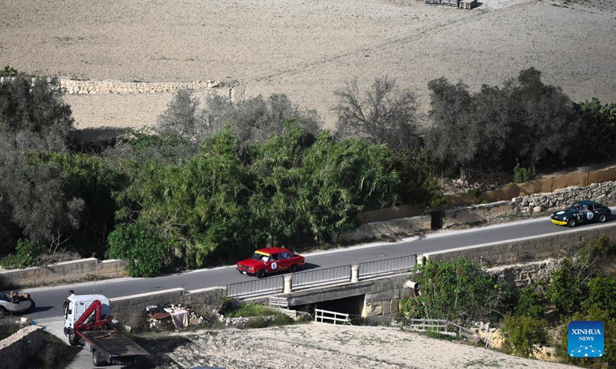 Classic cars race on the road during the Mdina Grand Prix in Mdina, Malta, Oct. 12, 2024. The 14th edition of Classic Mdina Grand Prix is being held between Thursday and Sunday in Mdina. (Photo: Xinhua)