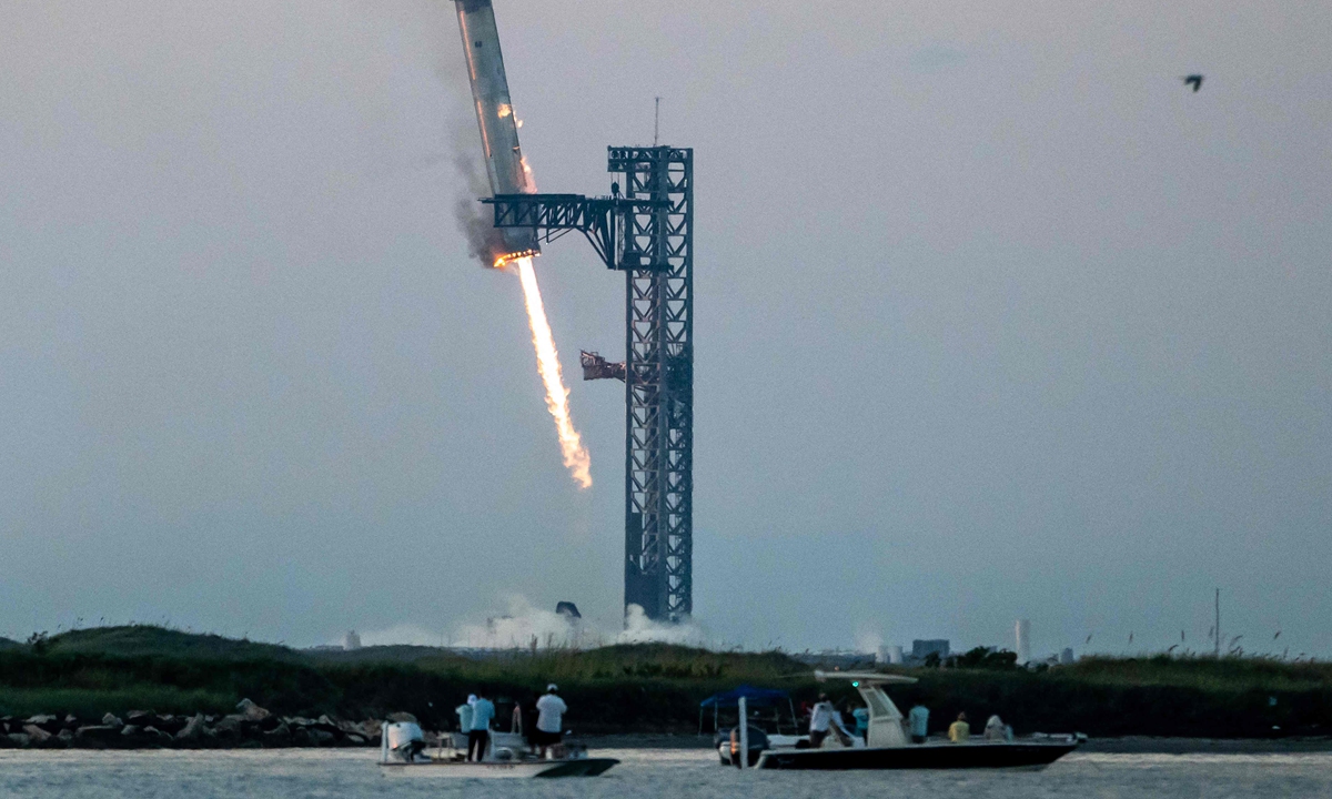  Starship's Super Heavy Booster is grappled at the launch pad in Starbase near Boca Chica, Texas, on October 13, 2024, during the Starship Flight 5 test. Photo: VCG