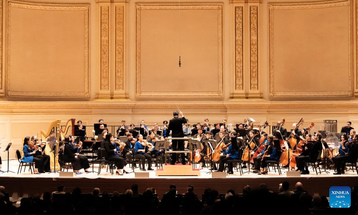 Conductor Cai Jindong leads the orchestra at the opening concert of the 7th China Now Music Festival at Carnegie Hall in New York, the United States, Oct. 12, 2024. (Photo: Xinhua)