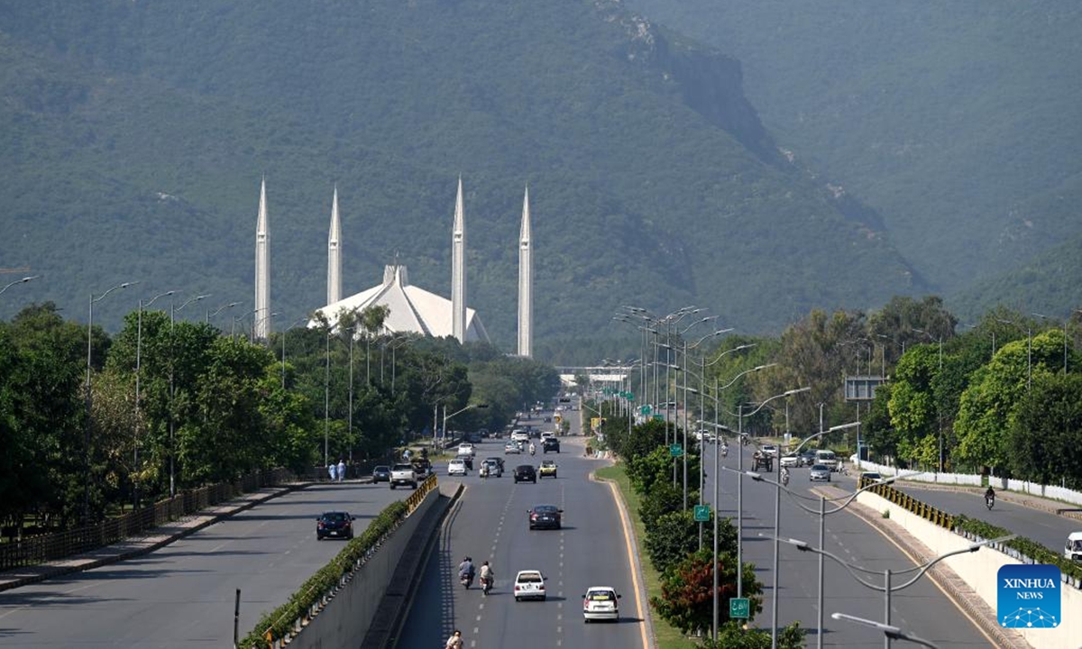 This photo taken on Oct. 13, 2024 shows a view of the Faisal Mosque in Islamabad, capital of Pakistan. (Photo: Xinhua)