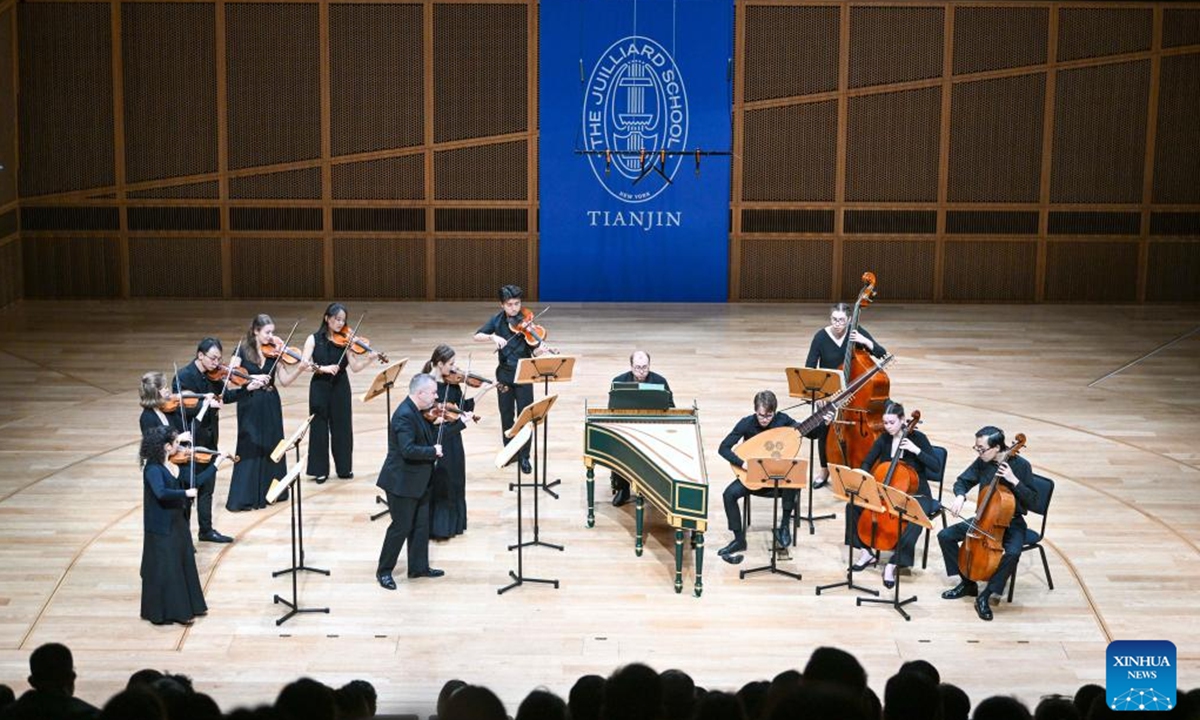 Juilliard415, an ensemble of Juilliard's Historical Performance program, performs at the Tianjin Juilliard School in north China's Tianjin, Oct. 13, 2024.

The ensemble is now on a performance tour that will also bring it to cities of Beijing, Nanjing, Suzhou and Shanghai. Apart from performance, the ensemble will also host lectures, workshops and joint rehearsals at the Tianjin Juilliard School. (Photo: Xinhua)