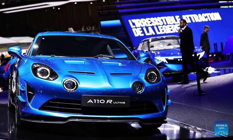 An Alpine A110 R Ultime is seen at the 2024 Paris Motor Show in Paris, France, on Oct. 14, 2024. The 2024 Paris Motor Show kicked off here on Monday, which is expected to attract 500,000 visitors over its seven-day run. (Photo: Xinhua)