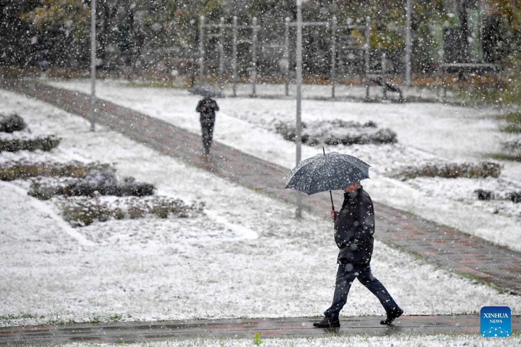 People walk with umbrellas during snowfall in Moscow, Russia, on Oct. 14, 2024 (Photo: Xinhua)