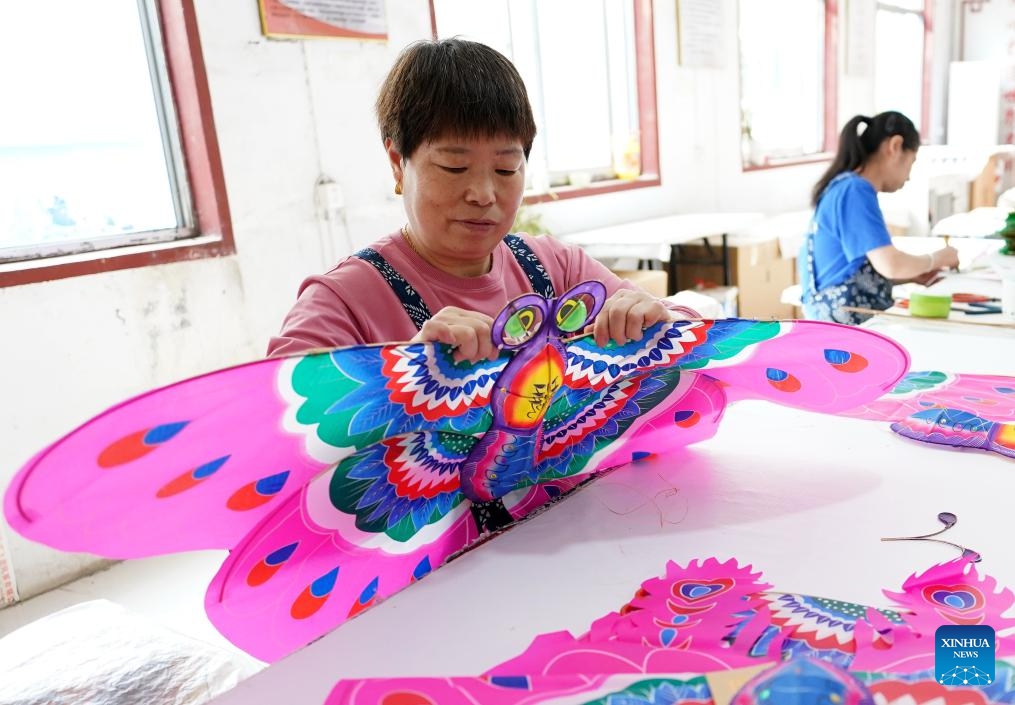 Workers make kites at a kite workshop in Hanting District of Weifang, east China's Shandong Province, Oct. 14, 2024. The kite culture and thriving kite industry in Weifang have a long and rich history. In 2006, the manufacturing skill of Weifang kites was listed as a national intangible cultural heritage. (Photo: Xinhua)