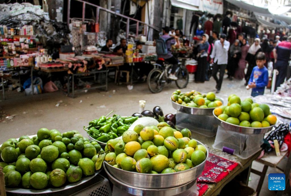 Fruits and vegetables are sold at a market in Jabalia, northern Gaza Strip, on Oct. 15, 2024. (Photo: Xinhua)