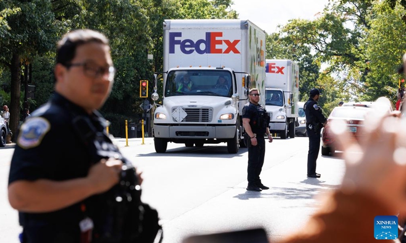 Trucks carrying pandas arrive at the Smithsonian's National Zoo and Conservation Biology Institute in Washington, D.C., the United States, Oct. 15, 2024. A pair of giant pandas, Bao Li and Qing Bao, arrived at Washington, D.C. on Tuesday, after an approximately 19-hour trans-Pacific trip from Sichuan Province in southwest China. (Photo: Xinhua)