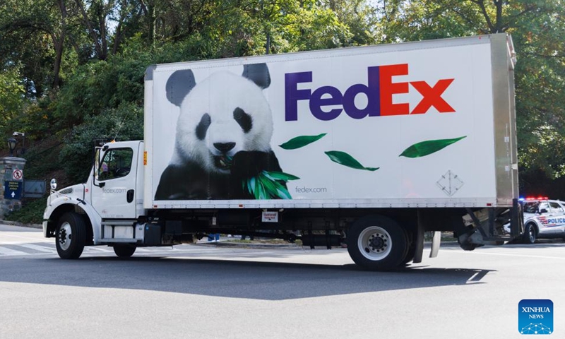 One of the trucks carrying pandas arrives at the Smithsonian's National Zoo and Conservation Biology Institute in Washington, D.C., the United States, Oct. 15, 2024. A pair of giant pandas, Bao Li and Qing Bao, arrived at Washington, D.C. on Tuesday, after an approximately 19-hour trans-Pacific trip from Sichuan Province in southwest China. (Photo: Xinhua)