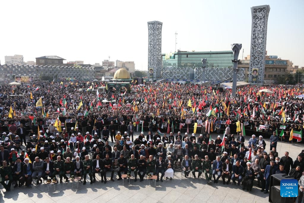 The funeral for the senior commander of the Islamic Revolution Guards Corps (IRGC), Abbas Nilforoushan, who was killed alongside Hezbollah leader Hassan Nasrallah in an Israeli airstrike in Lebanon late last month, is held in Tehran, Iran, Oct. 15, 2024. (Photo: Xinhua)