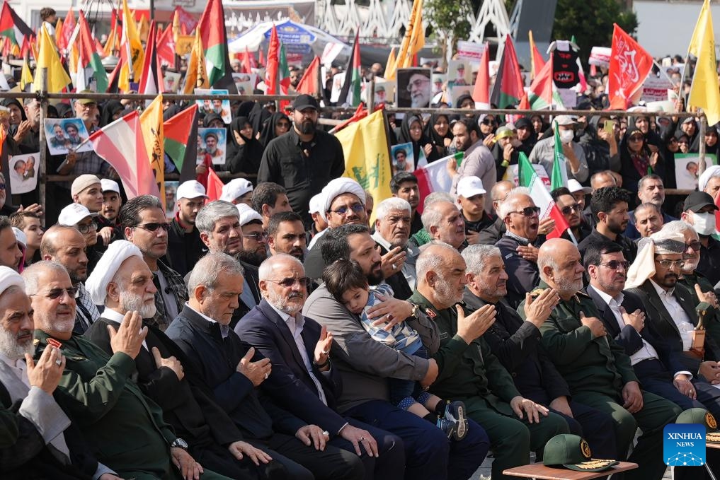 The funeral for the senior commander of the Islamic Revolution Guards Corps (IRGC), Abbas Nilforoushan, who was killed alongside Hezbollah leader Hassan Nasrallah in an Israeli airstrike in Lebanon late last month, is held in Tehran, Iran, Oct. 15, 2024. (Photo: Xinhua)