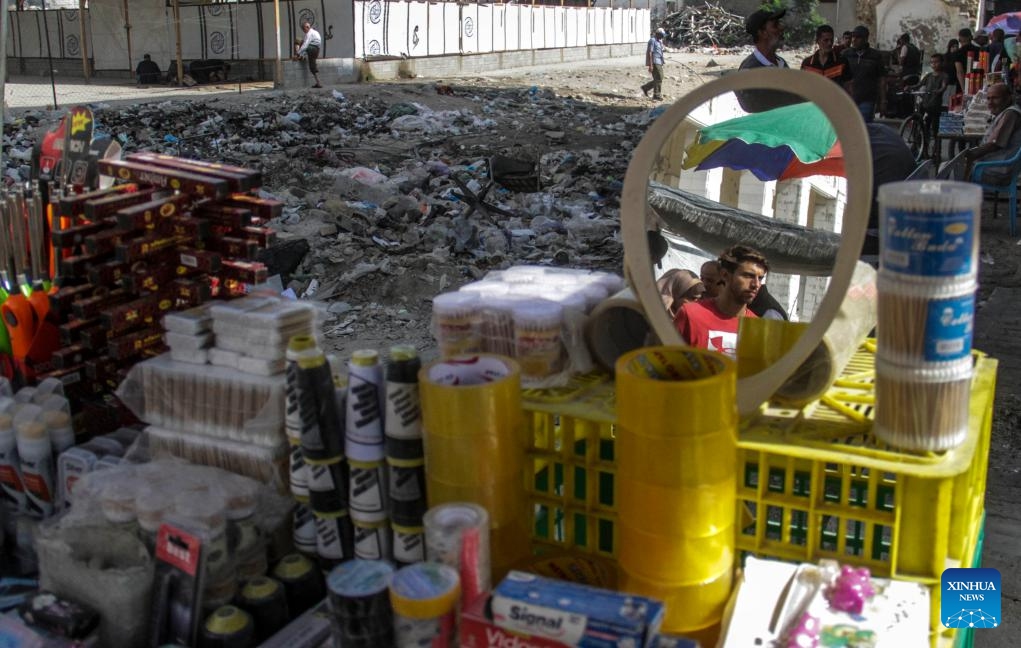 Products are seen at a market in Jabalia, northern Gaza Strip, on Oct. 15, 2024. (Photo: Xinhua)