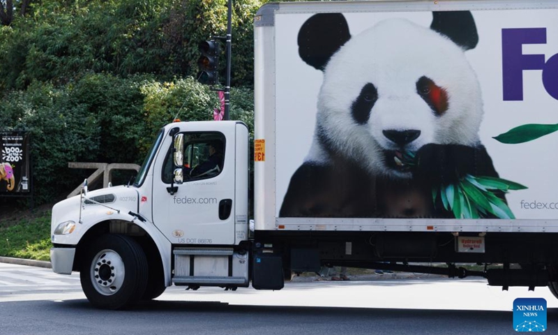 One of the trucks carrying pandas arrives at the Smithsonian's National Zoo and Conservation Biology Institute in Washington, D.C., the United States, Oct. 15, 2024. A pair of giant pandas, Bao Li and Qing Bao, arrived at Washington, D.C. on Tuesday, after an approximately 19-hour trans-Pacific trip from Sichuan Province in southwest China. (Photo: Xinhua)