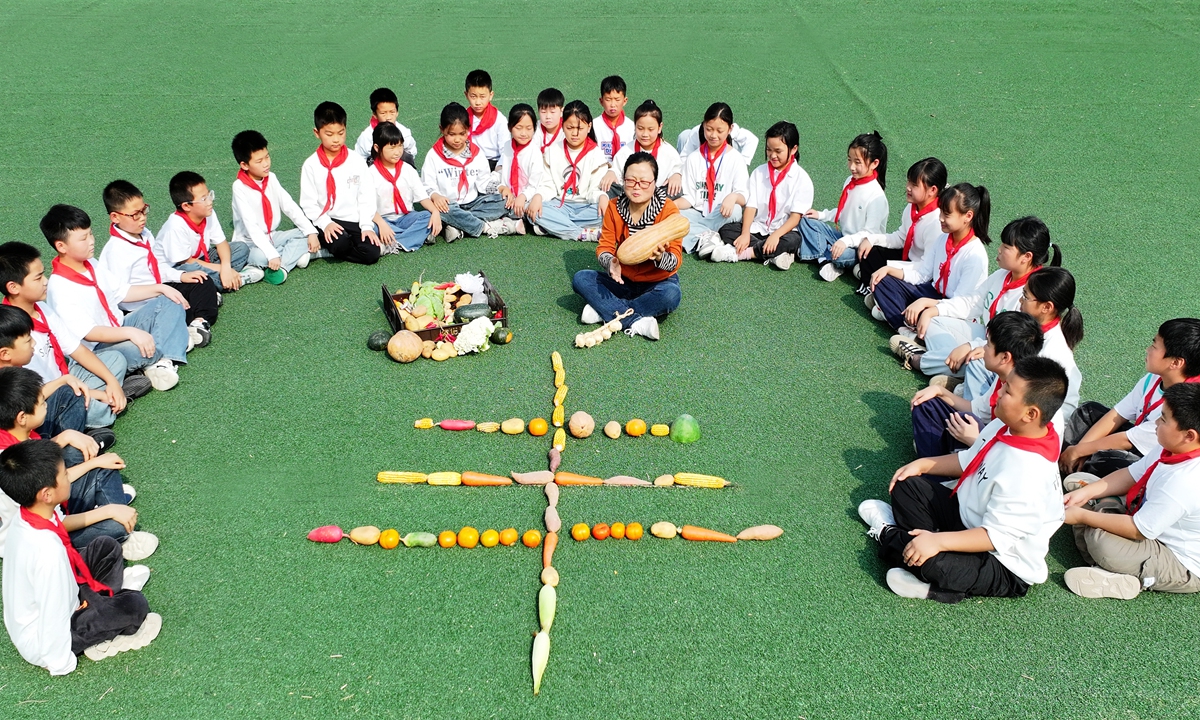 Students at an elementary school in the Guanyun county, East China's Jiangsu Province, learn to identify different grains on October 15, 2024, one day before the World Food Day. Photo: VCG