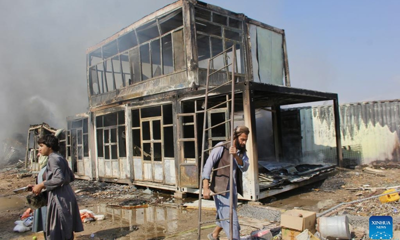 This photo taken on Oct. 16, 2024 shows the site of a fire at a popular market in Kandahar city, Kandahar province, Afghanistan. A popular market locally known as Bush Market caught fire in Kandahar city, capital of Afghanistan's southern Kandahar province, on Wednesday. (Photo:Xinhua)