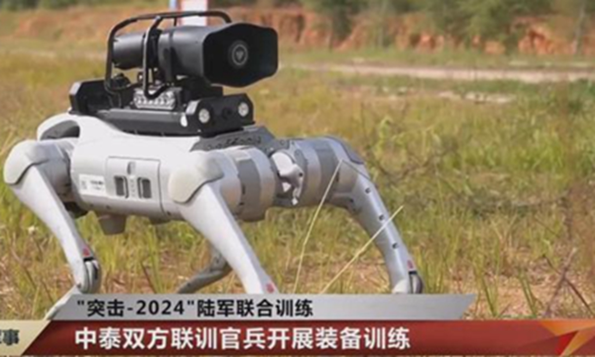 Caption: screenshot of the robotic dog showed during China-Thailand Commando 2024 joint army training. Photo: China Central Television 