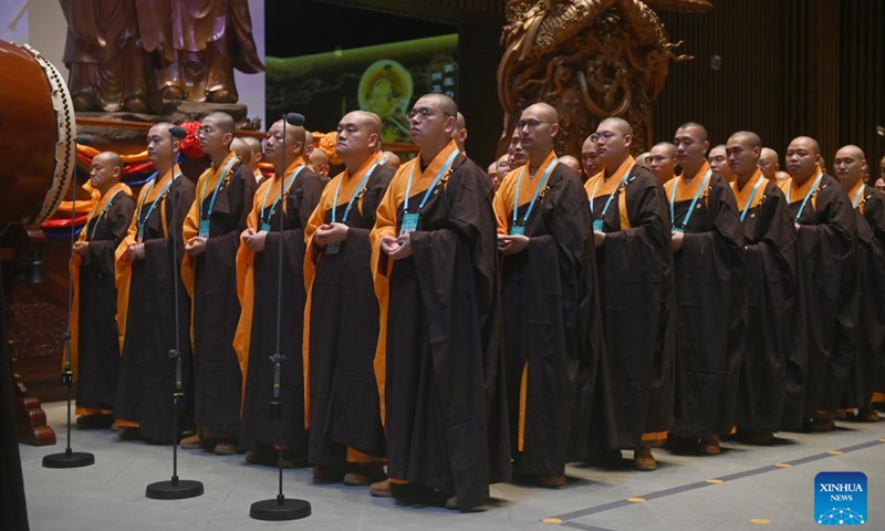 Members of the Buddhist community attend a dharma prayer service of the sixth World Buddhist Forum in Fenghua District of Ningbo, east China's Zhejiang Province, Oct. 16, 2024. The sixth World Buddhist Forum kicked off in Ningbo on Tuesday and about 800 representatives, experts and scholars from 72 countries and regions in the Buddhist community attended the forum. (Photo:Xinhua)