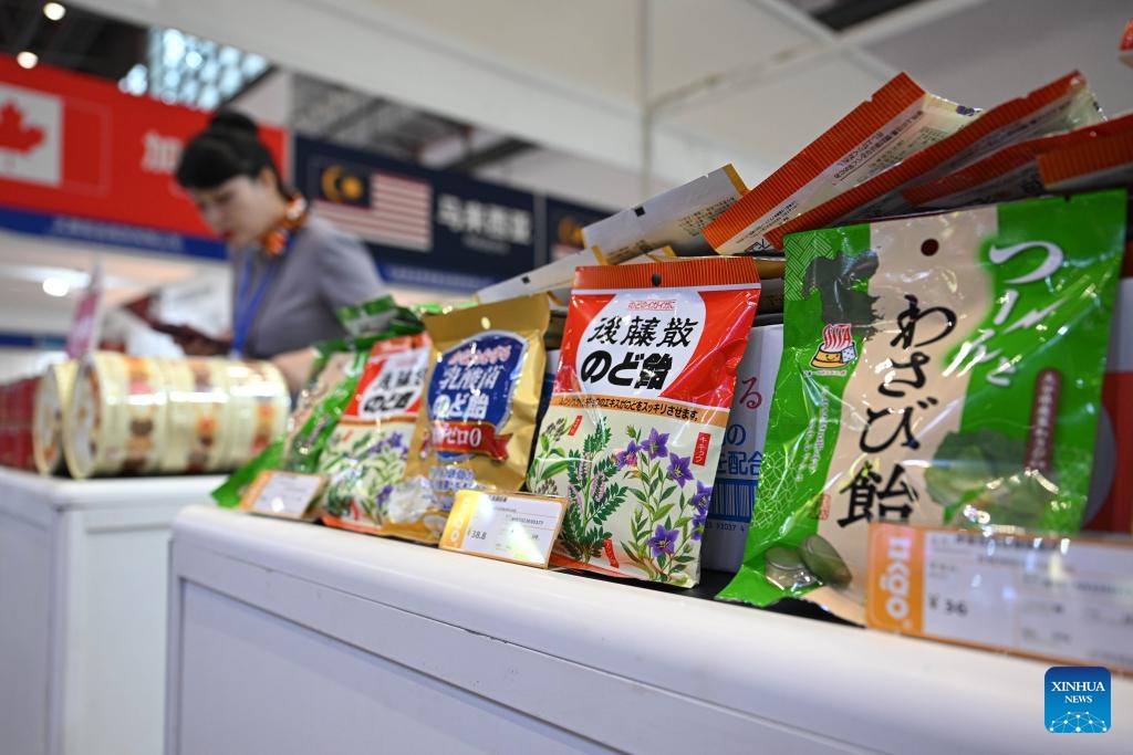 This photo taken on Oct. 17, 2024 shows candies from Japan displayed during the 2nd Hainan International Tropical Food Supply Chain Expo in Haikou, south China's Hainan Province. The 2nd Hainan International Tropical Food Supply Chain Expo kicked off here Thursday. (Photo: Xinhua)