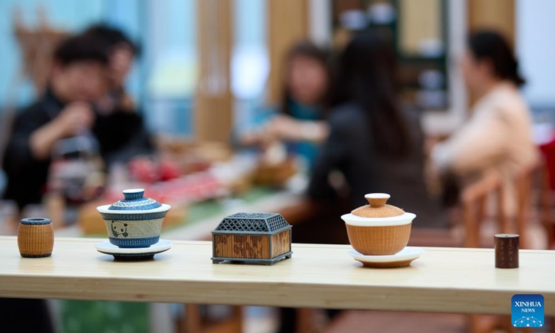 This photo shows bamboo products displayed during a forum on green industry cooperation in Brussels, Belgium, Oct. 17, 2024. (Photo: Xinhua)